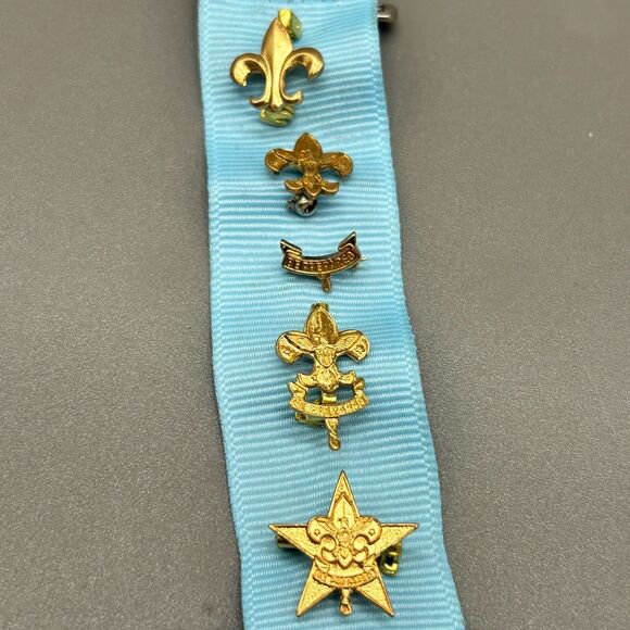 Vintage Boy Scouts Rank Award Pins (5) on Ribbon Star Pin Leadership Badge 70s
